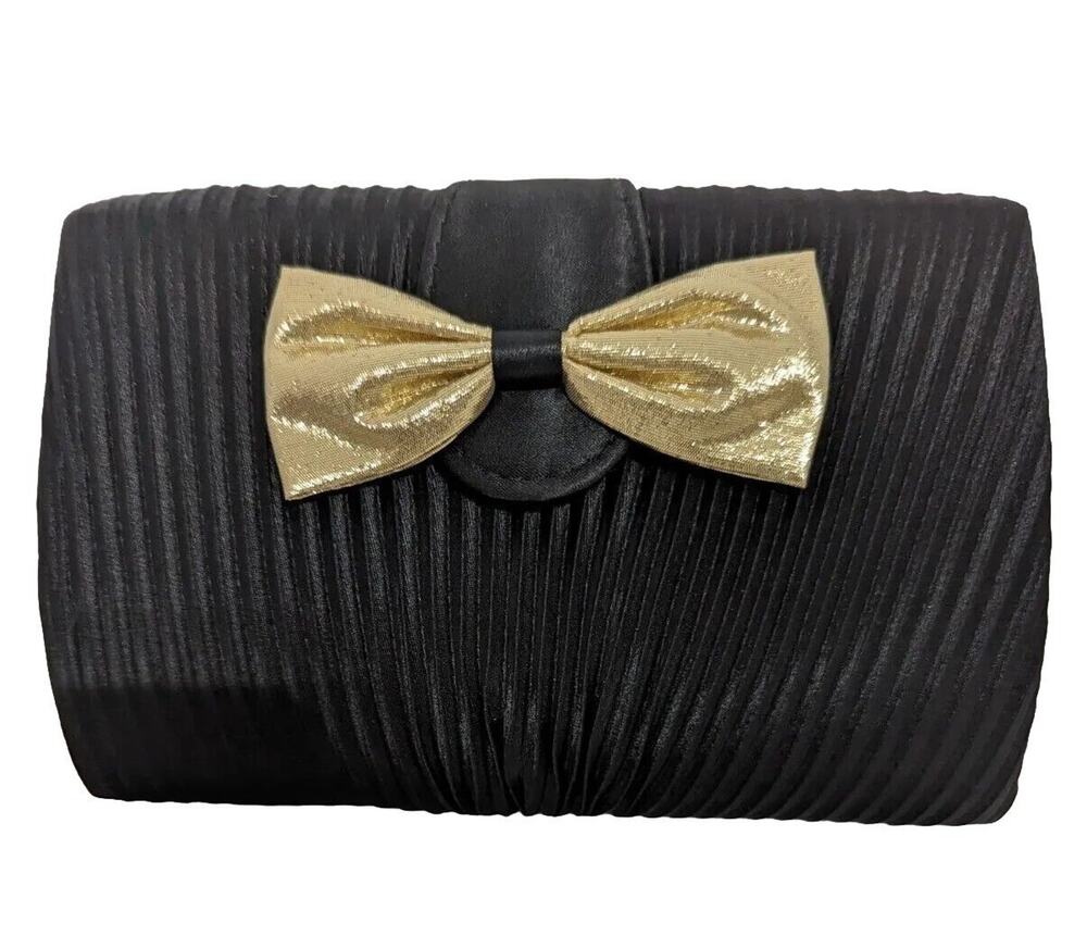 Evening bag Shoulder Convertible NWOT Gold Bow Pleated Black Satin.
